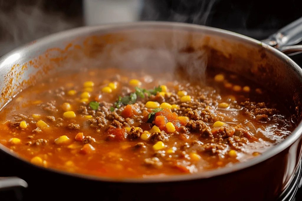 Delicious taco soup frios recipe topped with shredded cheese, sour cream, avocado slices, and tortilla chips.