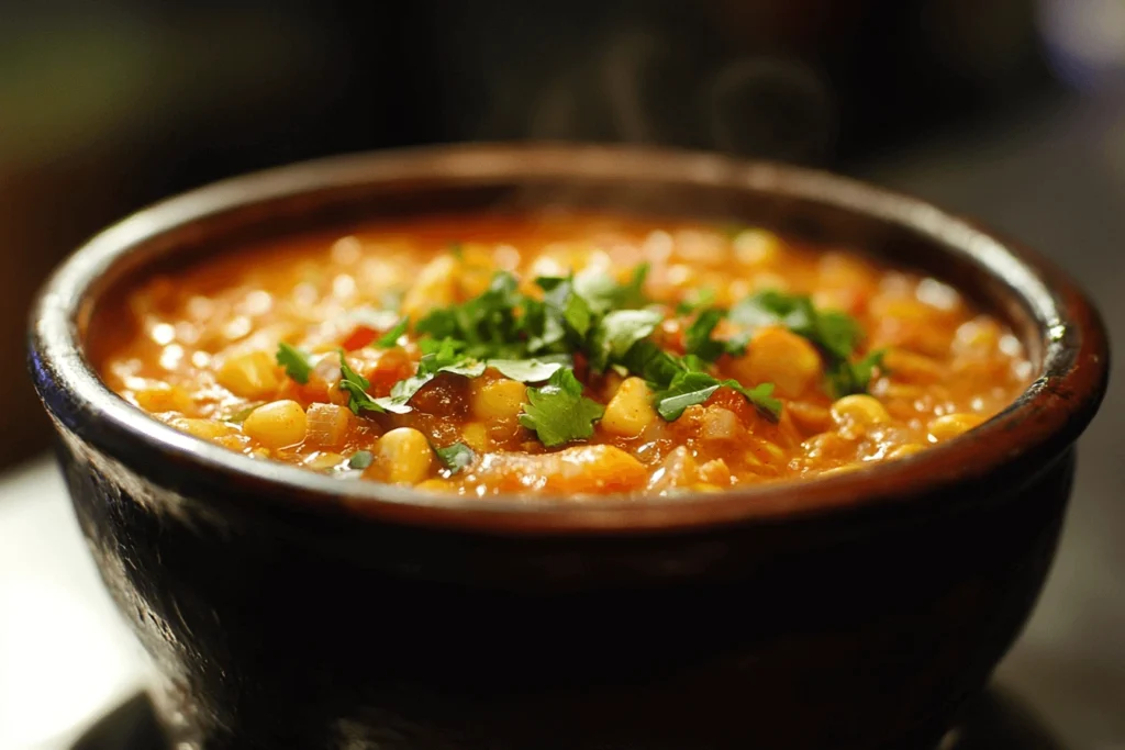 A vibrant bowl of taco soup frios topped with shredded cheese, avocado slices, fresh cilantro, and crispy tortilla strips.