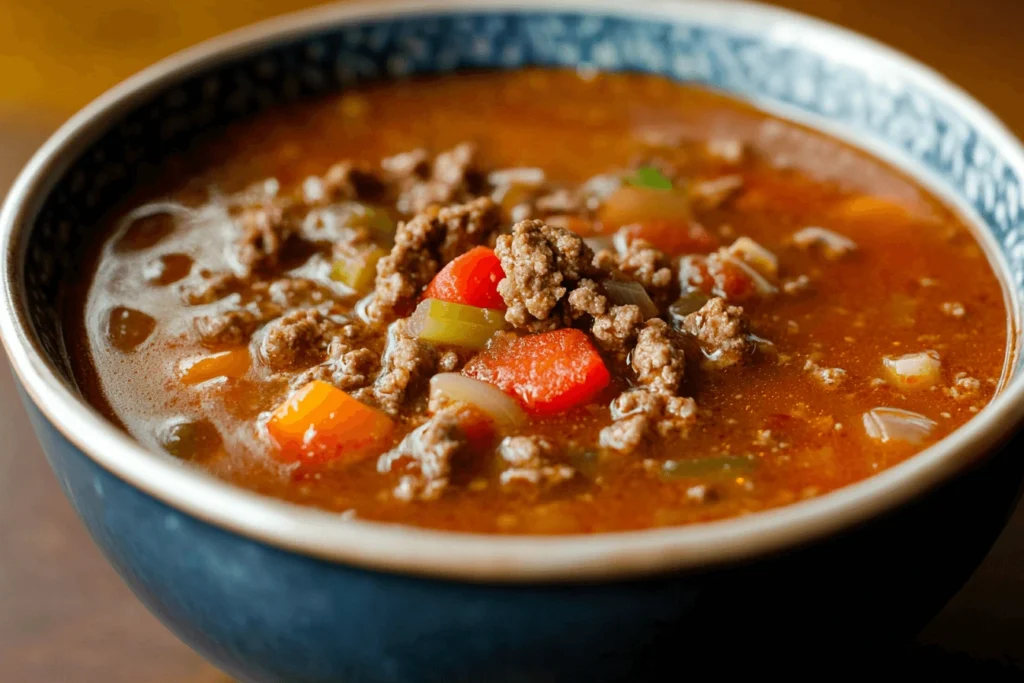 A steaming bowl of taco soup topped with shredded cheese, sour cream, tortilla strips, and fresh cilantro, showcasing bold Tex-Mex flavors.