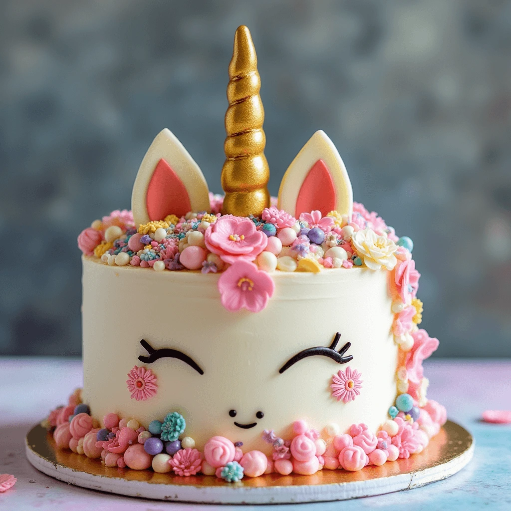 A colorful unicorn cake with a vibrant rainbow mane and a golden horn, perfect for a magical celebration.