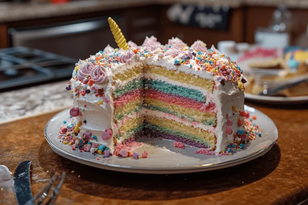 A colorful unicorn cake with a vibrant rainbow mane, golden horn, and adorable facial features.