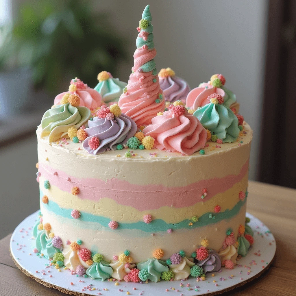 A beautiful unicorn cake with a rainbow mane, golden horn, and playful decorations, ideal for a party or celebration.