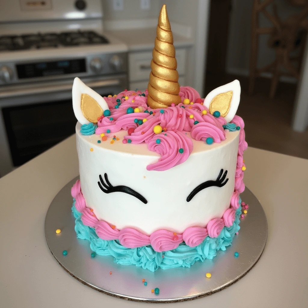 A whimsical unicorn cake with a rainbow-colored mane, golden horn, and playful design, perfect for a birthday party.