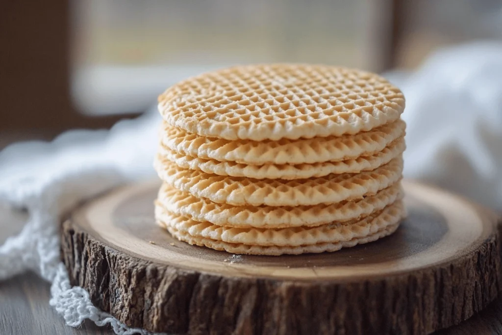 A stack of round, crispy wafer cookies on a rustic wooden board, with a soft white cloth in the background.