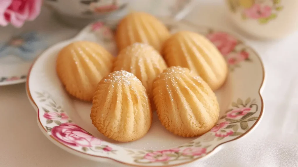 Freshly baked golden-brown madeleine cookies with a delicate shell shape, dusted with powdered sugar, served on a plate.