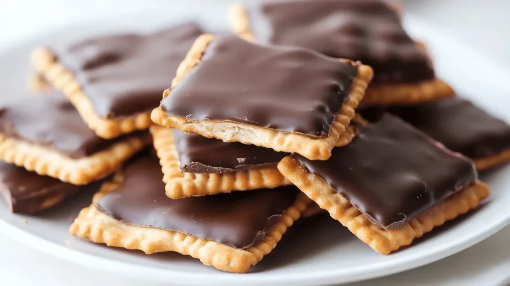  A plate of Cheez-It peanut butter and chocolate sandwiches, half-dipped in melted chocolate and set on parchment paper.