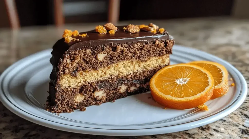 A rich chocolate orange almond cake with a glossy chocolate glaze, garnished with fresh orange zest and toasted almond slices.