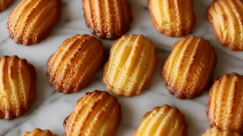 Golden-brown madeleine cookies with a delicate shell shape, lightly dusted with powdered sugar and served on a white plate.