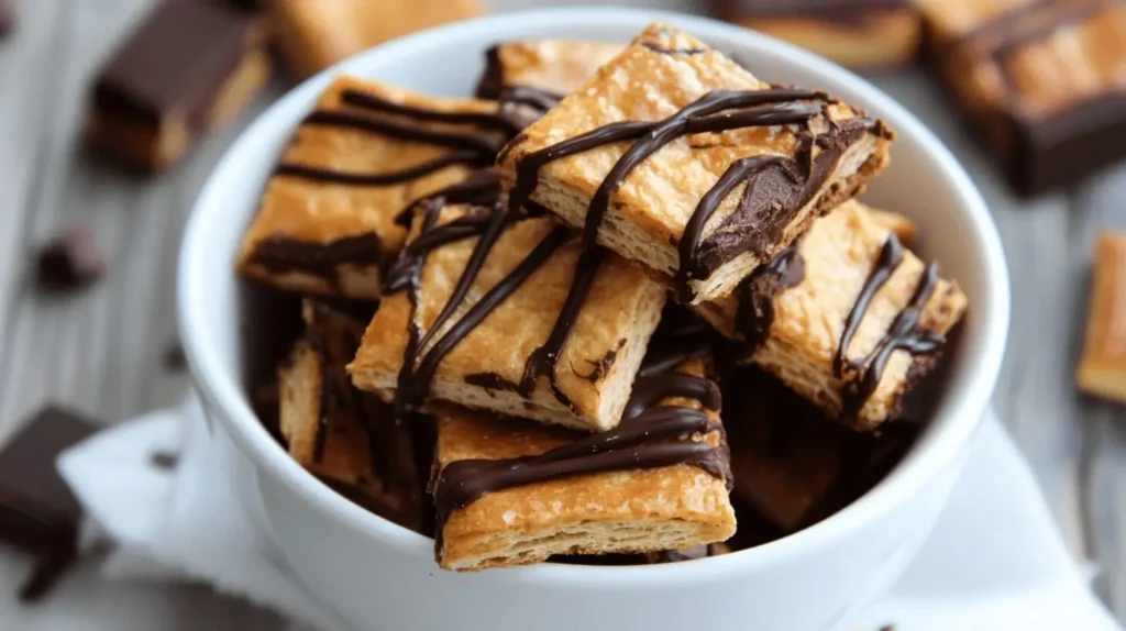 A close-up of Cheez-It crackers sandwiched with peanut butter and dipped in melted chocolate, arranged on a parchment-lined tray.