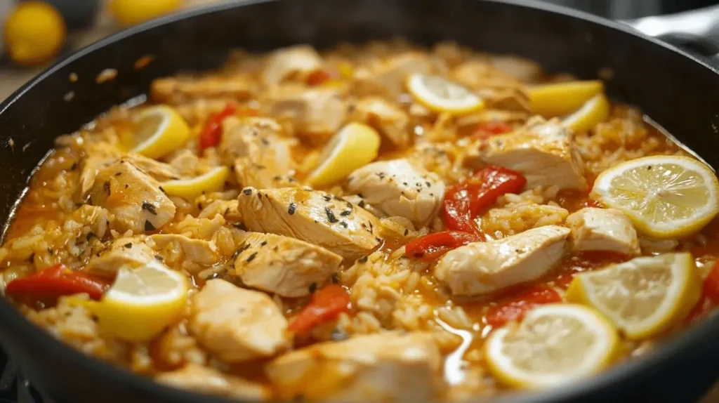 A comforting bowl of Plentiful Pantry Lemon Chicken and Rice Soup, enhanced with fresh ingredients and garnished with lemon slices and herbs.