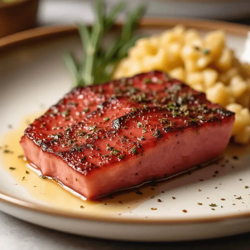 Seared ahi tuna steak sliced and served on a plate with sesame seeds and a soy-based dipping sauce.