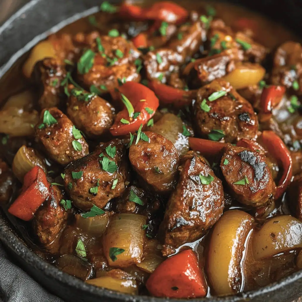 A plate of sizzling beef sausages garnished with fresh herbs, served alongside roasted vegetables and mustard sauce.