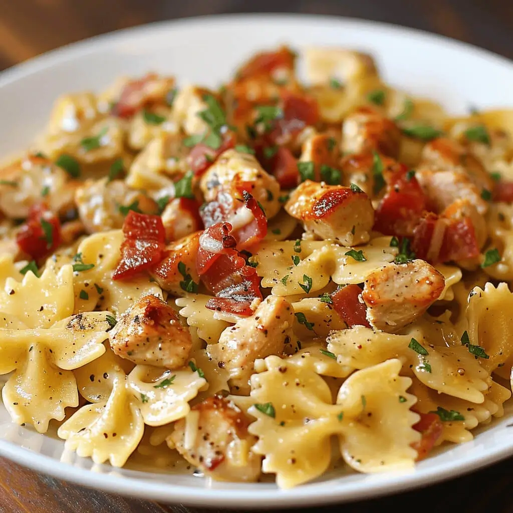 A delicious bowl of bow tie pasta with tender chicken, creamy sauce, and fresh herbs.