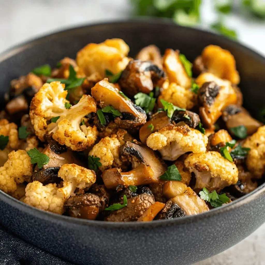 A delicious cauliflower mushroom dish garnished with fresh herbs, served in a rustic bowl.