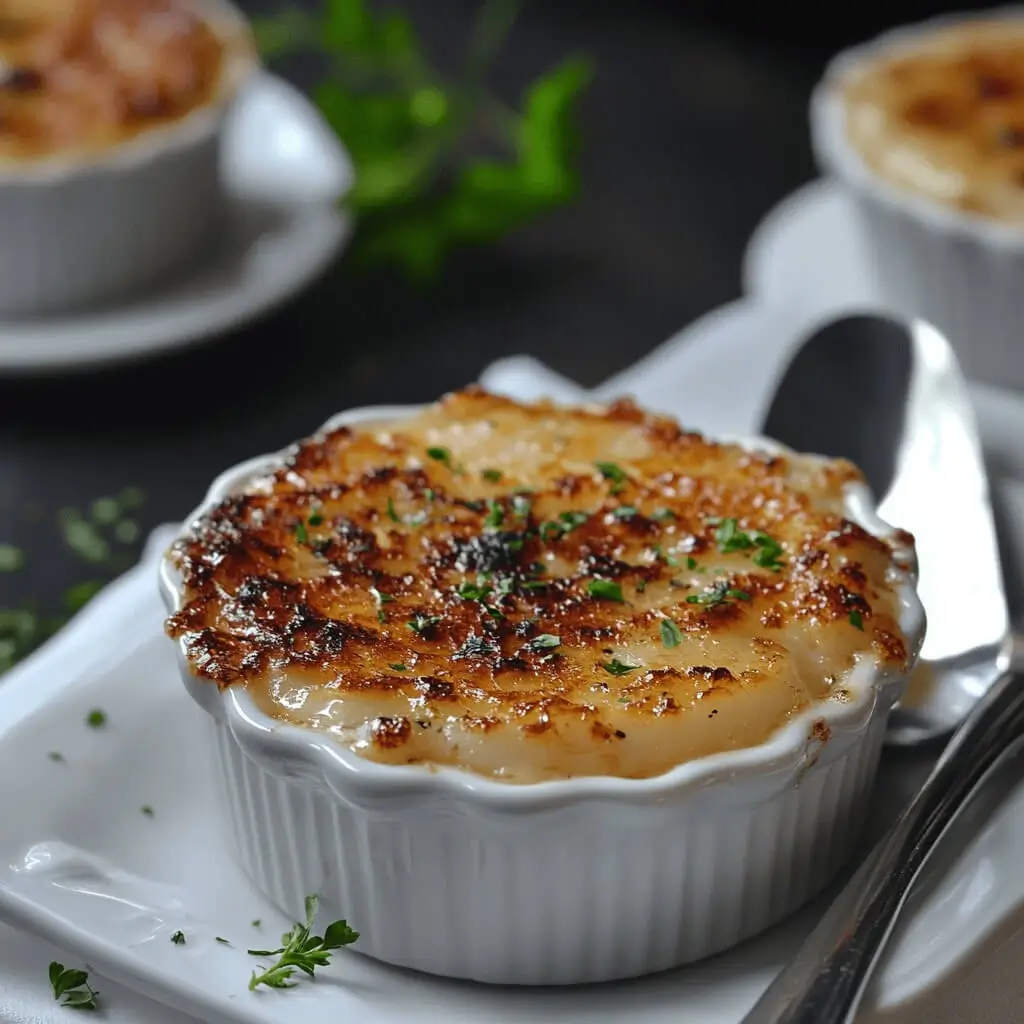 A close-up of a creamy crab brûlée with a caramelized golden crust, served in a ramekin with a spoon.