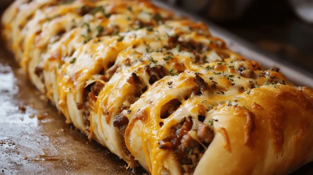 Golden, baked garbage bread stuffed with melted cheese, meats, and vegetables on a baking sheet.