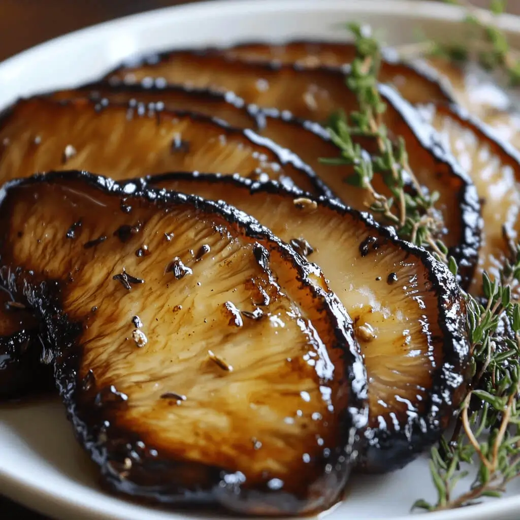 Golden-brown Lion’s Mane mushroom steaks sizzling in a skillet, seasoned with garlic, herbs, and soy sauce.