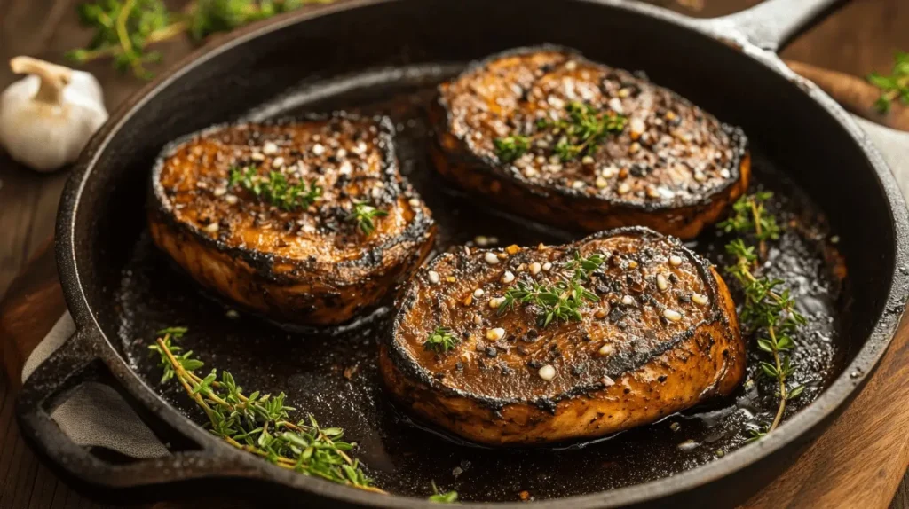 Pan-seared Lion’s Mane mushroom steaks with a golden-brown crust, garnished with fresh herbs in a sizzling skillet.