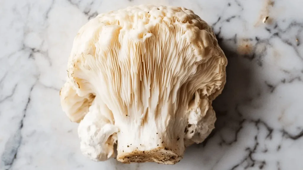 Close-up of golden-brown Lion’s Mane mushroom steaks sizzling in a pan, garnished with herbs and seared to perfection.