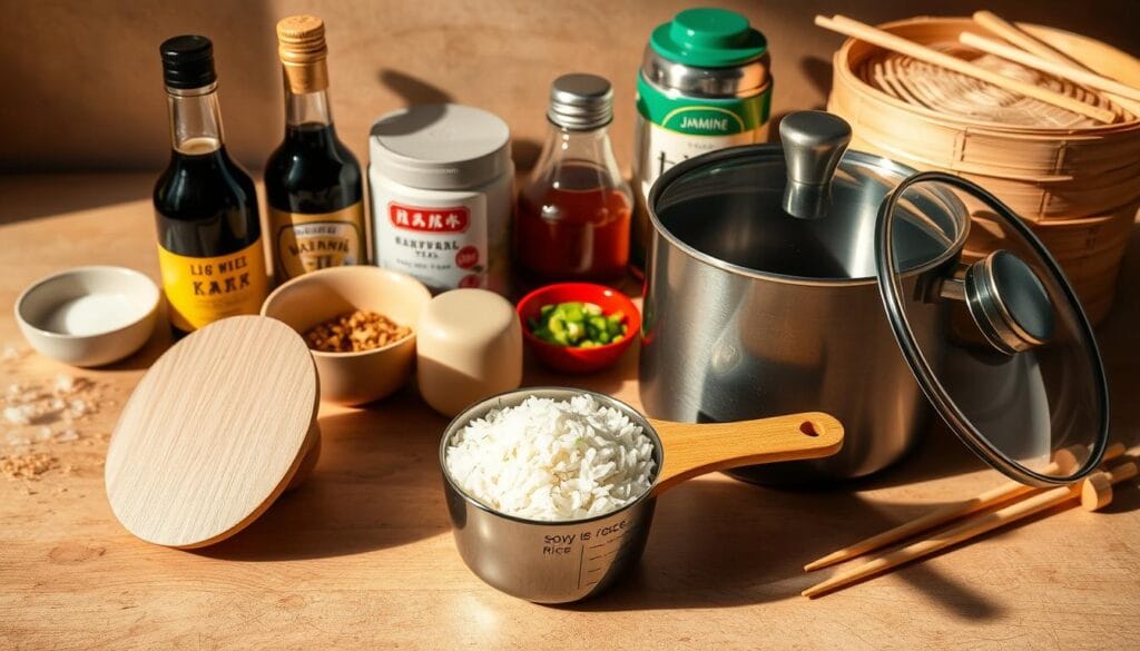 Rice Cooking Tools and Ingredients