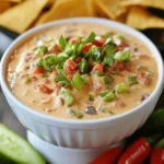 A bowl of creamy Rotel dip with melted cheese, ground beef, and diced tomatoes, served with tortilla chips.