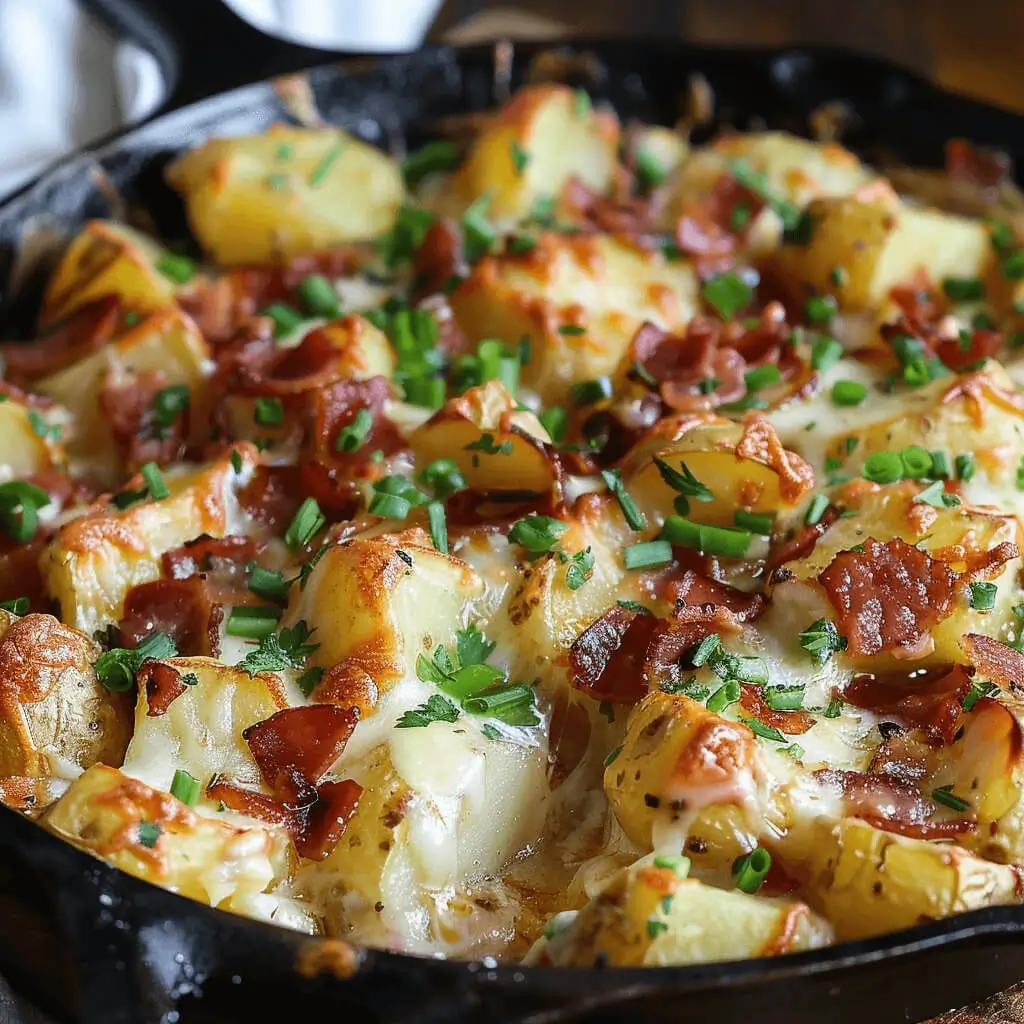 A close-up of golden, tender smothered potatoes cooked with onions and seasonings in a skillet.