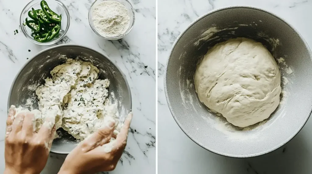 Hands mixing and kneading dough for vegan jalapeño cheese artisan bread, with visible chopped jalapeños and shredded dairy-free cheese.