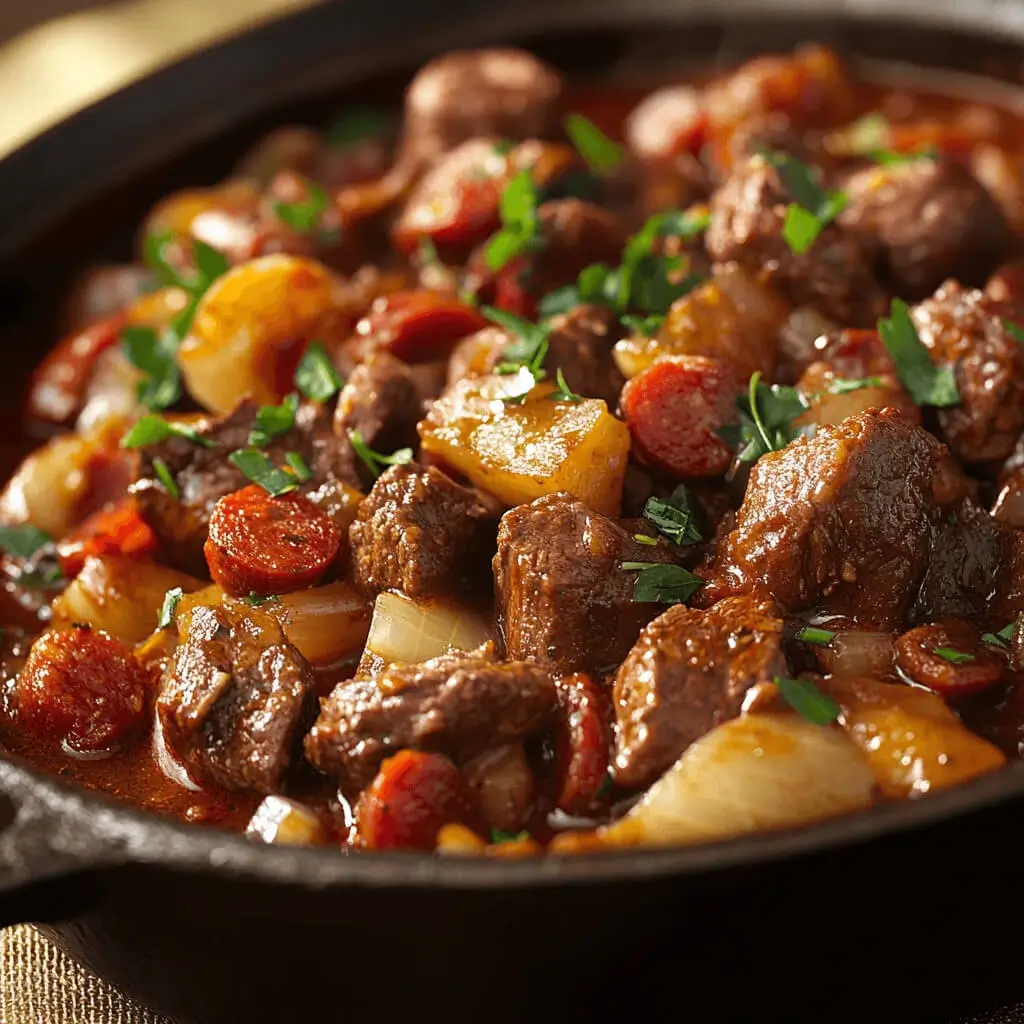 A hearty beef and chorizo dish served in a skillet, garnished with fresh herbs and accompanied by warm tortillas