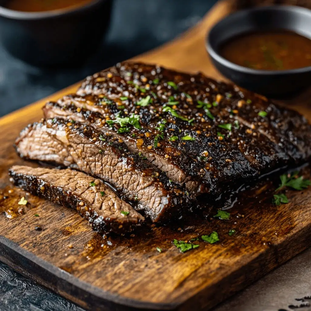 A close-up of homemade beef bouillon powder in a small bowl, with a spoonful of seasoning and a cooked brisket in the background.