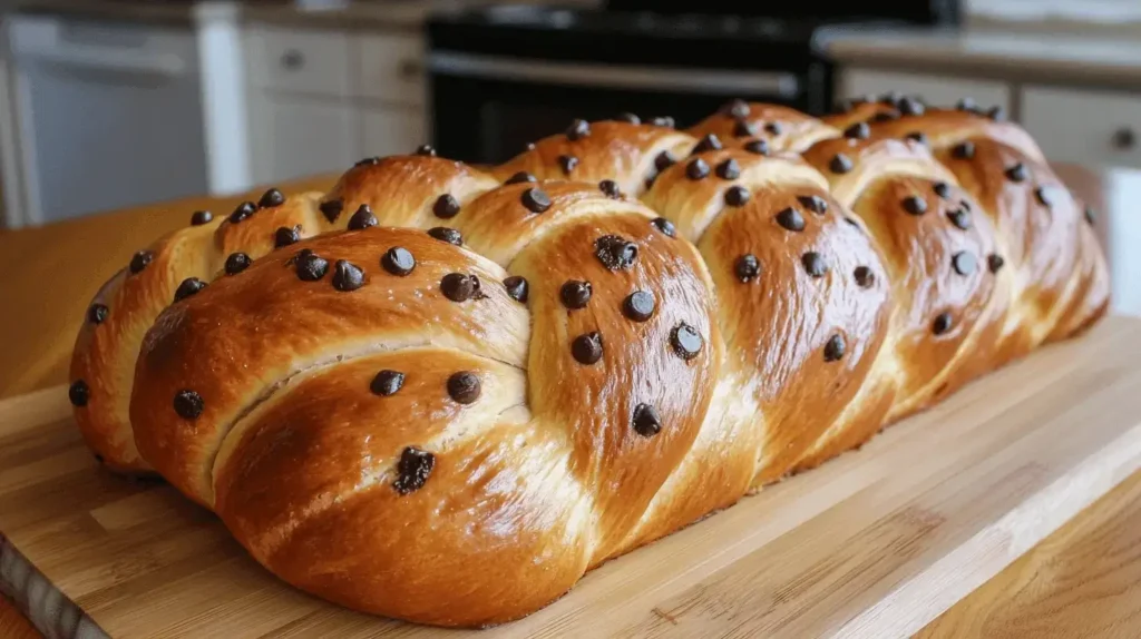 A freshly baked braided brioche loaf with golden crust and chocolate chips, placed on a rustic wooden surface.