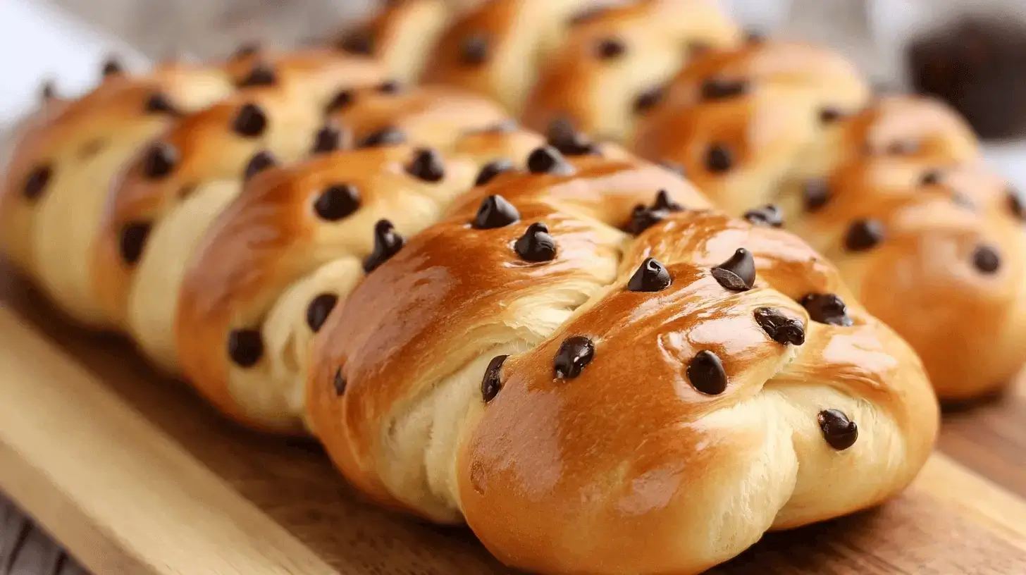 A golden-brown braided brioche loaf with chocolate chips, resting on a wooden board.