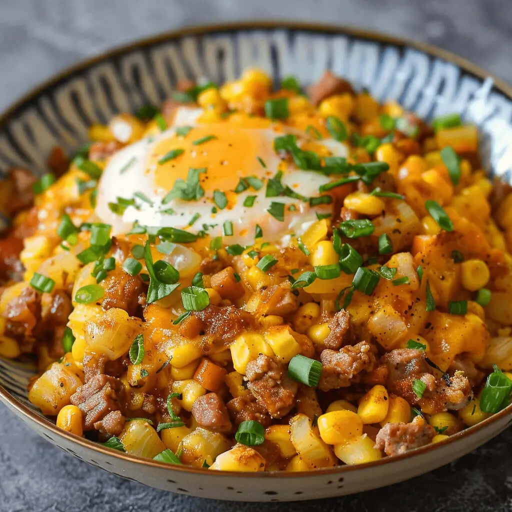 A hearty canned corned beef breakfast served without potatoes, featuring eggs, vegetables, and toast.