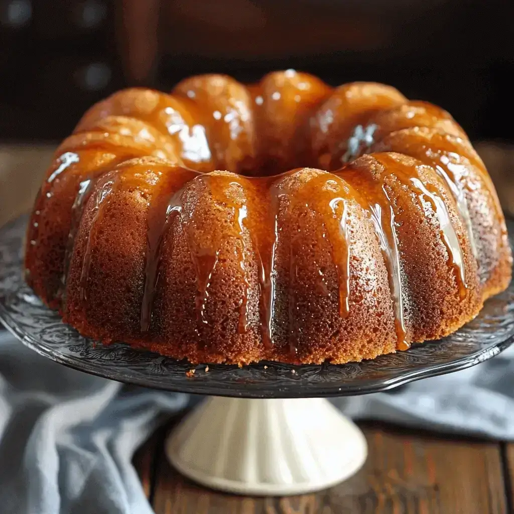 A moist and golden Caribbean festival rum cake with a rich glaze, garnished with pecans and a drizzle of rum syrup.