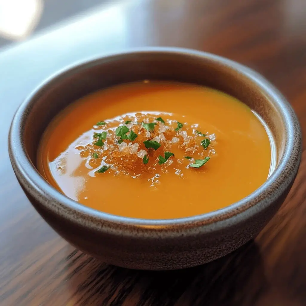 A bowl of vibrant orange carrot soup topped with crystallized ginger and fresh herbs, served in a white bowl.