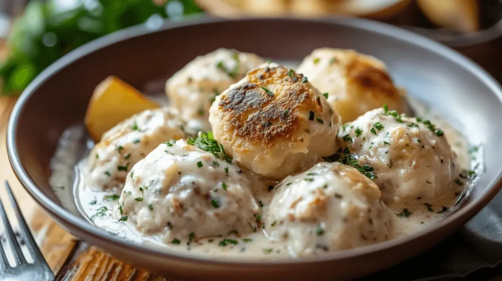 A hearty plate of chipped beef gravy with fluffy flour dumplings served over tender potatoes, garnished with fresh parsley.