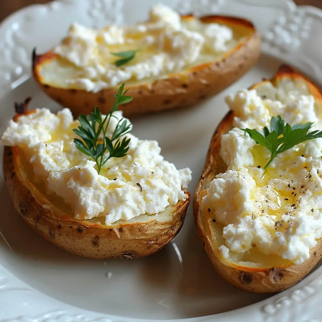 Crispy baked potato skins filled with creamy cottage cheese, garnished with fresh herbs and spices.