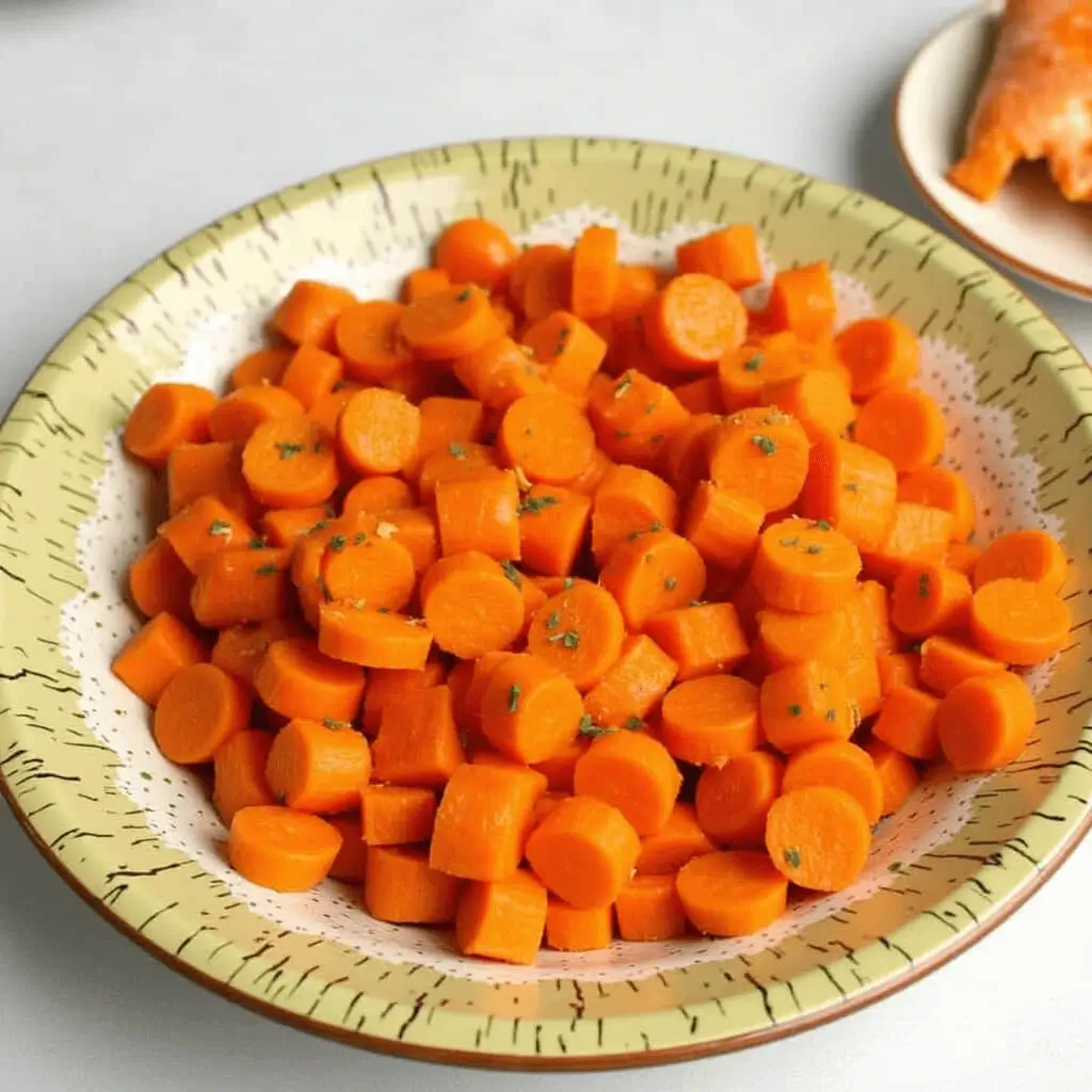 A bowl of steaming vegetable stew featuring diced frozen carrots, peas, and potatoes, garnished with fresh herbs.