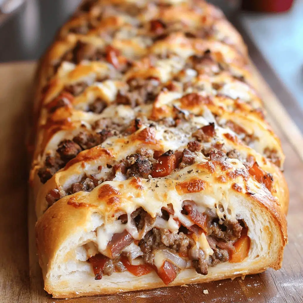 Freshly baked garbage bread stuffed with cheese, meat, and veggies on a baking sheet.