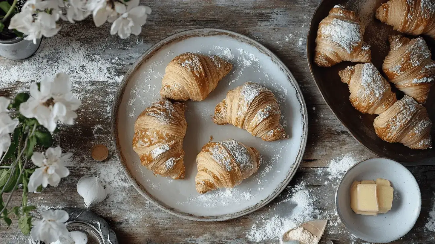 Freshly baked Swiss Gipfeli croissants with a golden, flaky crust on a wooden board.