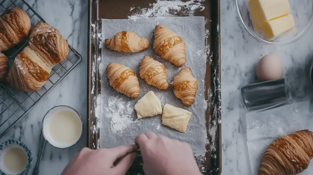 A plate of freshly baked Swiss Gipfeli with a golden, flaky crust, served on a rustic wooden table.