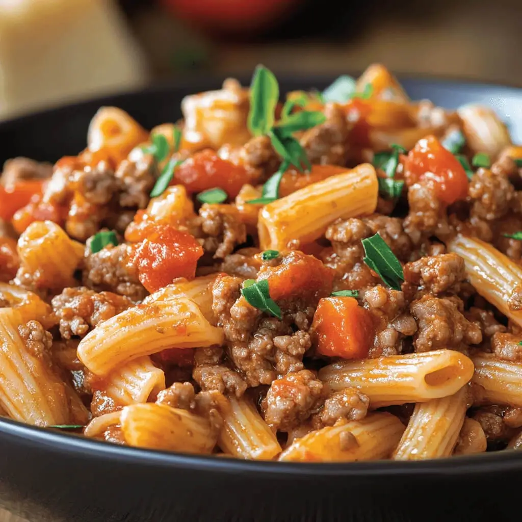 A plate of pasta with ground beef in a creamy white sauce, garnished with fresh herbs.