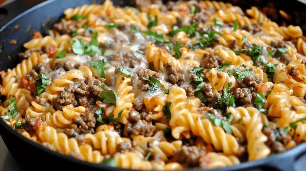 A bowl of pasta with ground beef in a creamy white sauce, garnished with parsley.