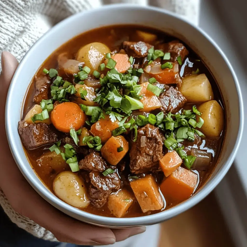 A bowl of Hawaiian beef stew with tender beef chunks, carrots, and potatoes in a rich, tomato-based broth, garnished with fresh parsley.