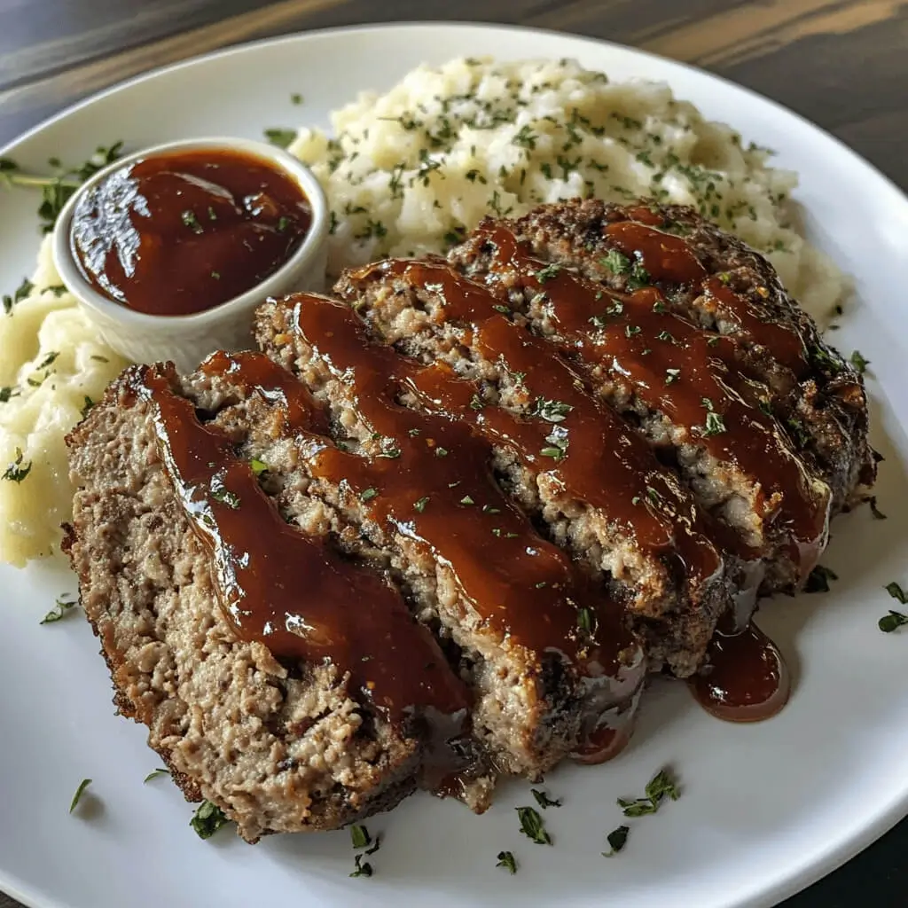 A freshly baked kidney-friendly ground beef meatloaf, sliced and served on a white plate, garnished with fresh herbs.