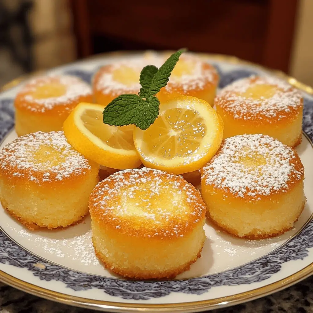 Vintage-style lemon cakes with a golden glaze, elegantly arranged on a decorative platter, evoking the glamour of The Great Gatsby era.