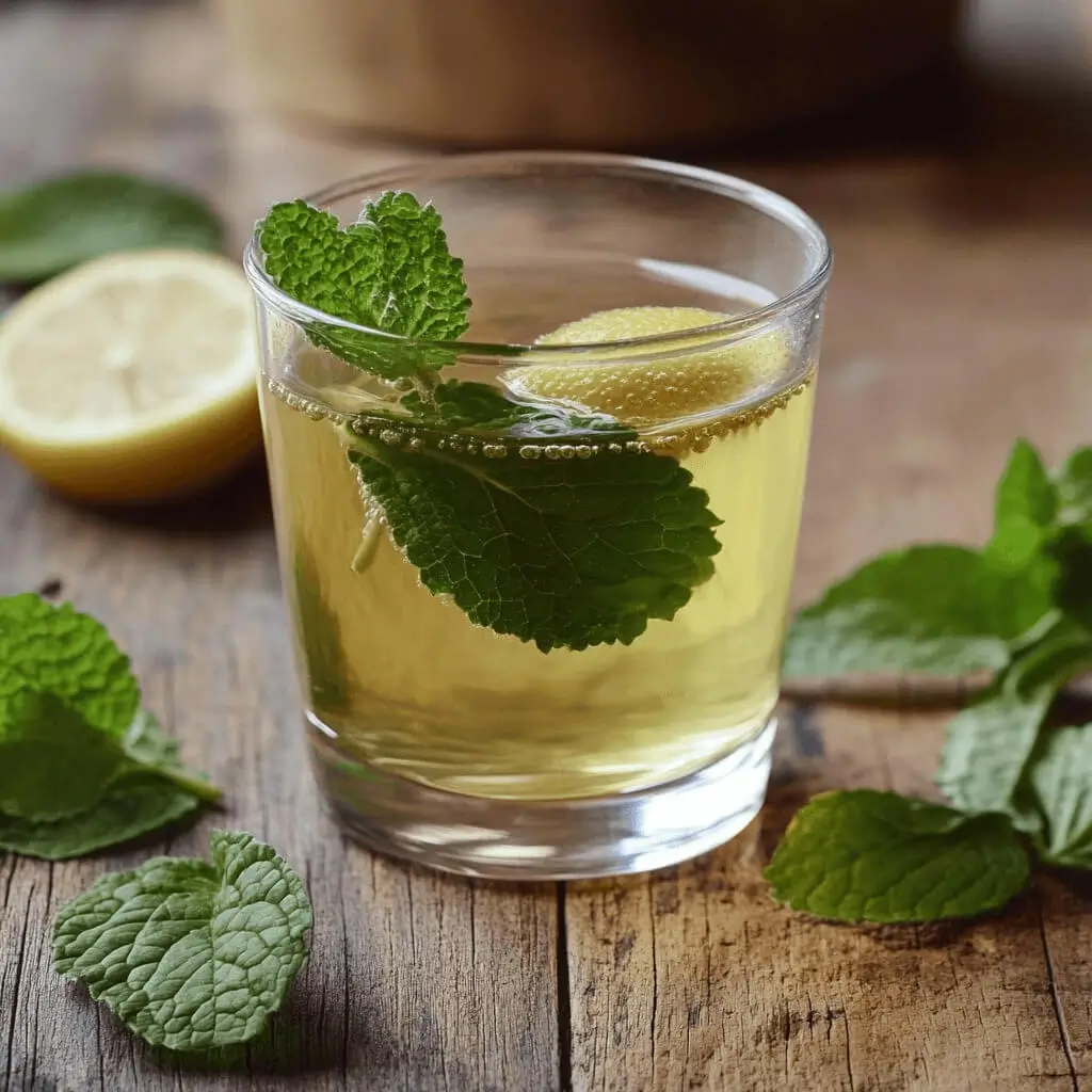 A refreshing lemon balm tea in a glass cup with fresh lemon slices and mint leaves, placed on a wooden table.