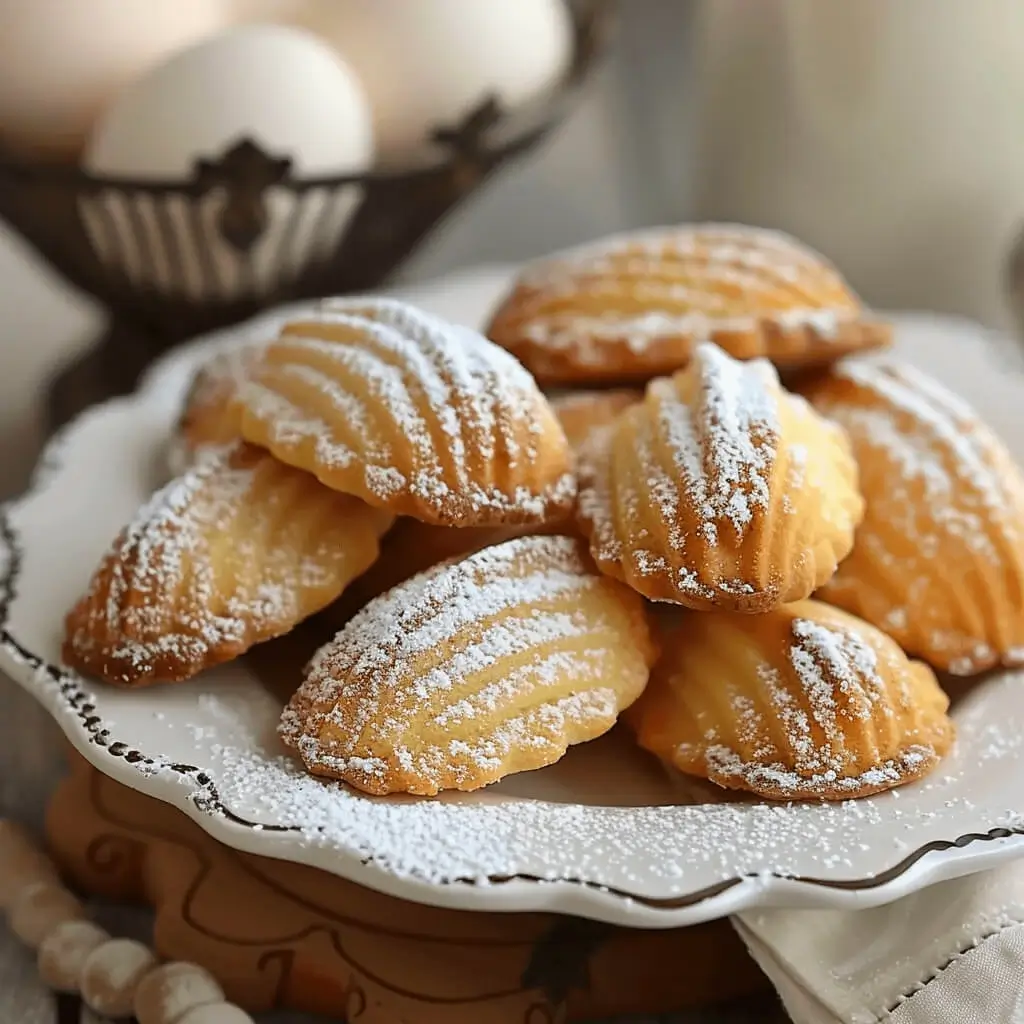 A plate of freshly baked Madeleine cookies with a golden, buttery texture, dusted with powdered sugar.