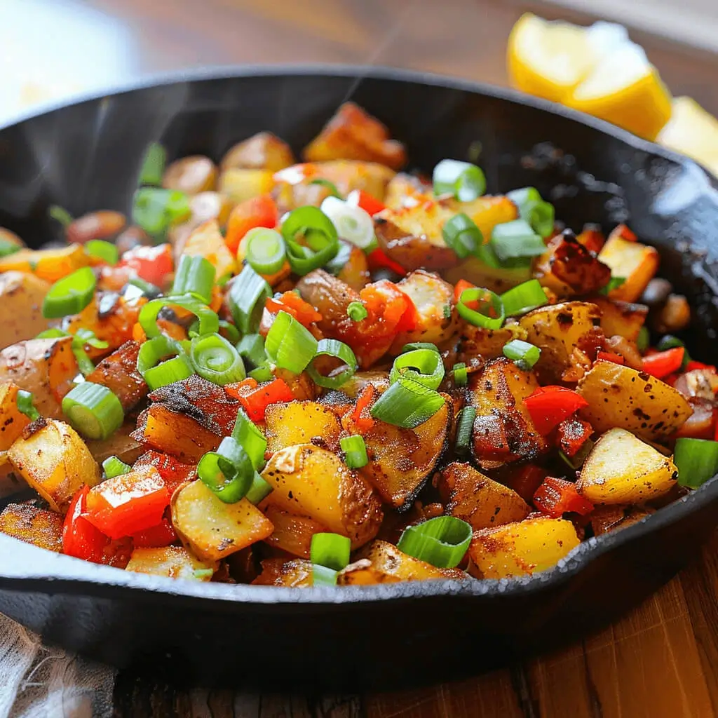 A plate of crispy Mexican-style breakfast potatoes with bell peppers, onions, and fresh cilantro, served with a side of salsa.