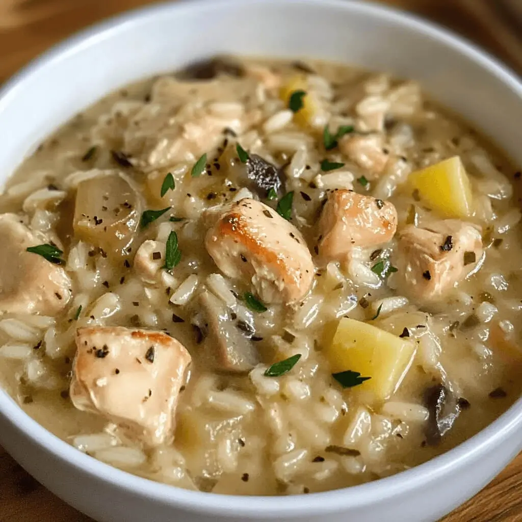 A warm bowl of lemon chicken and rice soup made from Plentiful Pantry mix, garnished with fresh herbs and a slice of lemon.