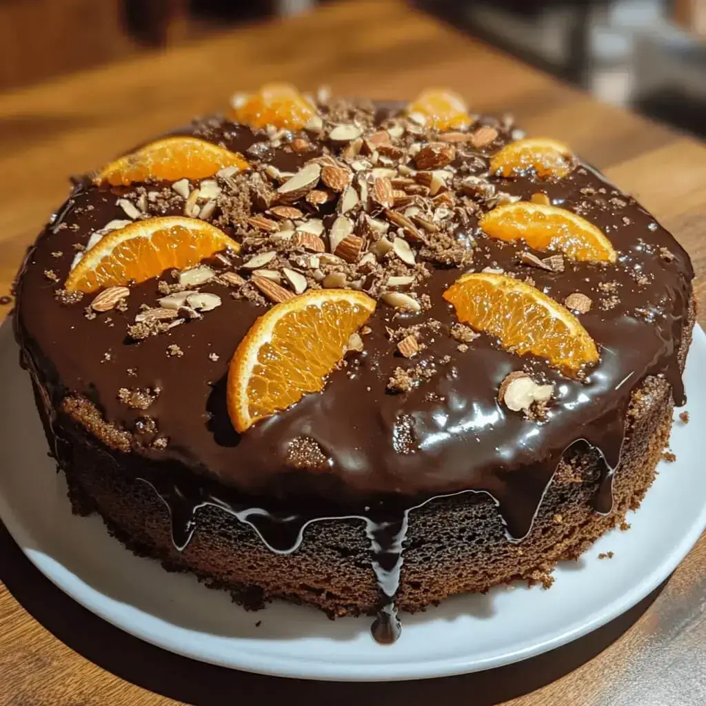 A rich chocolate orange almond cake with a glossy glaze, garnished with orange zest and almond slices.